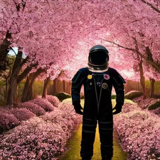 Image similar to photograph of an astronaut wearing a black spacesuit in the middle of a cherry blossom eden, foggy, atmospheric