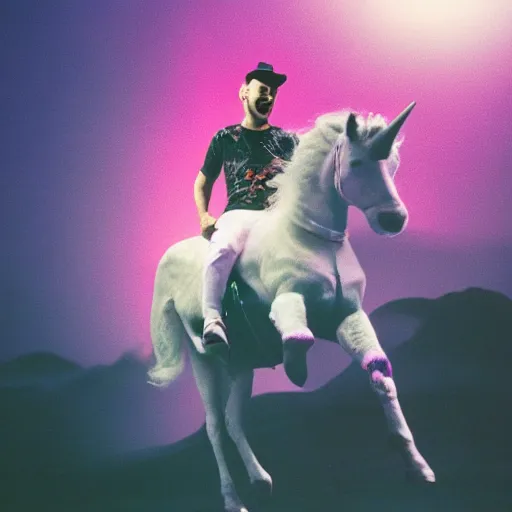 Image similar to justin timberlake riding a pink unicorn in space, cinestill 8 0 0 t, award winning photograph, taken in 1 9 9 9