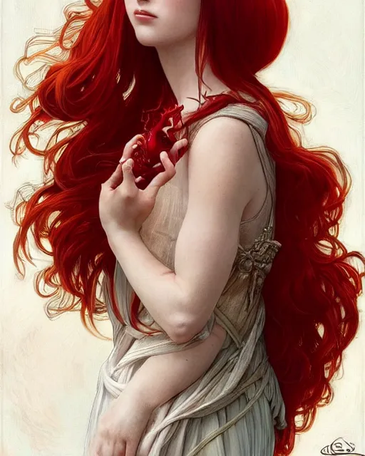 Prompt: Portrait of a red haired Goddess, she holds a spark of all creation in her hands, a tiny red dragonlet, intricate dress, wide angle, intricate, elegant, overdetailed, symmetrical, centered, professional digital painting, artstation, concept art, smooth, sharp focus, 8K, art by artgerm and greg rutkowski and alphonse mucha and loish and WLOP, heavenly emanation, daily deviation