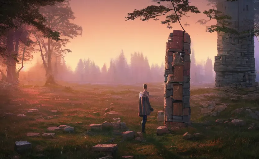 Image similar to A landscape with a giant stone brick tower with pillars on top at sunset, forest, magical portal, cyberpunk, glowing runes, Low level, rendered by Beeple, Makoto Shinkai, syd meade, simon stålenhag, environment concept, synthwave style, digital art, unreal engine, WLOP, trending on artstation, 4K UHD image, octane render,