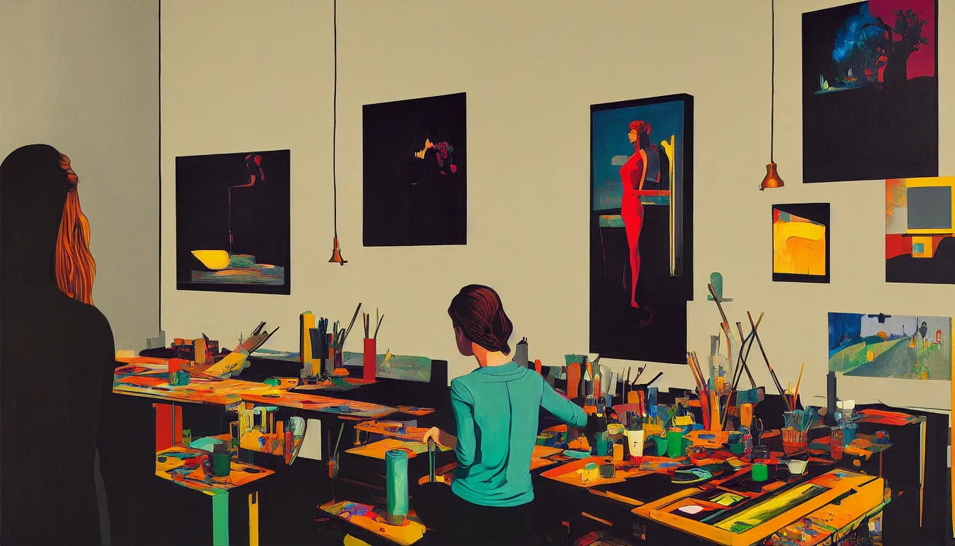 Image similar to female artist painting in her studio by dan mumford and peter doig and edward hopper, symmetrical, minimal, black ink, thick lines highly detailed, muted colours 8 k