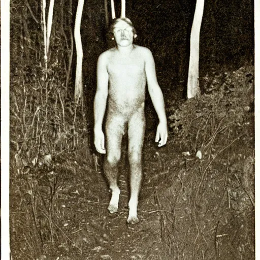 Prompt: first known image of a Sasquatch found footage