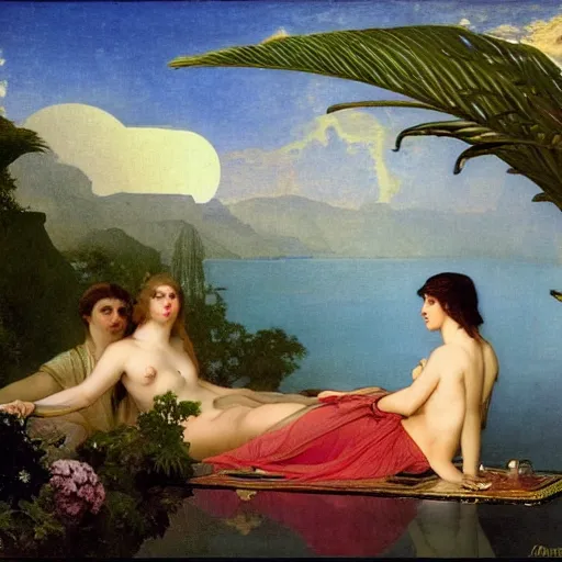 Image similar to The palace on the clouds, moon reflecting on the water, thunderstorm, greek pool, beach and Tropical vegetation on the background major arcana sky, by paul delaroche, alphonse mucha and arnold böcklin, hyperrealistic 8k, award-winning, very very very detailed