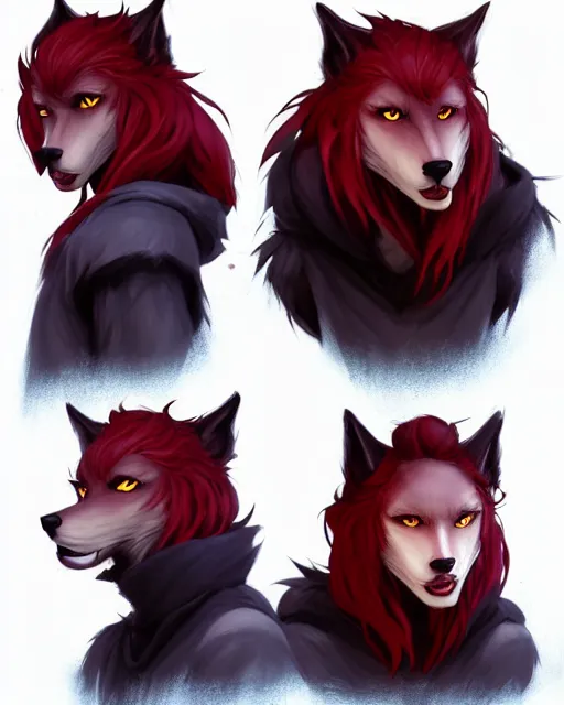 Image similar to character concept art of a black anthropomorphic furry male wolf long red hair | | cute - fine - face, pretty face, key visual, realistic shaded perfect face, fine details by stanley artgerm lau, wlop, rossdraws, james jean, andrei riabovitchev, marc simonetti, and sakimichan, trending on artstation