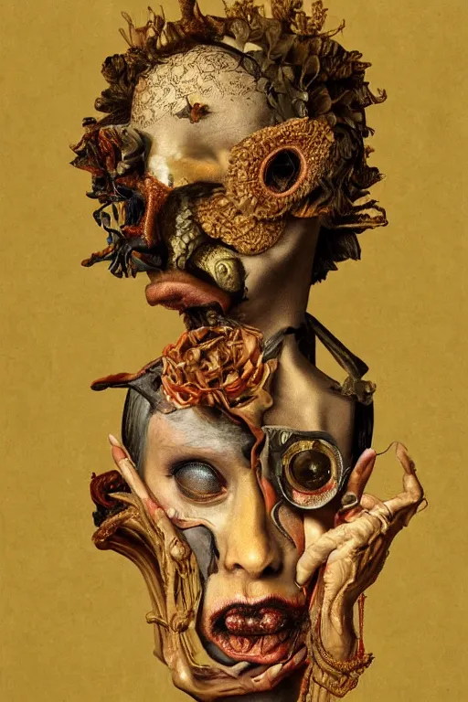 Image similar to Detailed maximalist portrait with large lips and with large wide eyes, surprised expression, surreal extra flesh and bones, HD mixed media, 3D collage, highly detailed and intricate, illustration in the golden ratio, in the style of Caravaggio, dark art, baroque