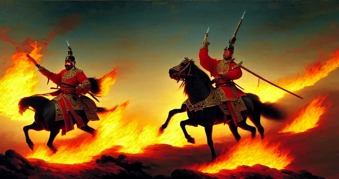 Prompt: genghis khan leading his army to battle riding a flaming horse, mongolian soldiers in background, highly detailed, deep focus, elegant, artstation, digital painting, smooth, sharp focus, illustration, ultra realistic, 8 k, art by theodore chassiorio by ivan aivazovsky by pedro americo