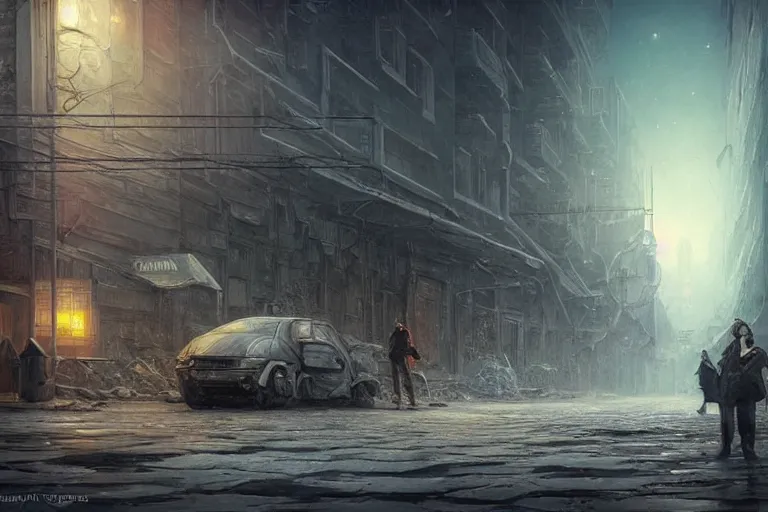 Prompt: lonely on the streets of Russian commie blocks on the Moon city, Norilsk, sci-fi, fantasy, earth seen on the dark sky, intricate, very very beautiful, elegant, highly detailed composition, digital rendering, artstation, concept art, smooth, sharp focus, illustration, art by artgerm and greg rutkowski and alphonse mucha