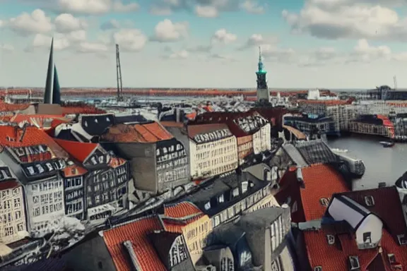 Image similar to copenhagen being destroyed by kittens, carnage, drone photograph cinematic