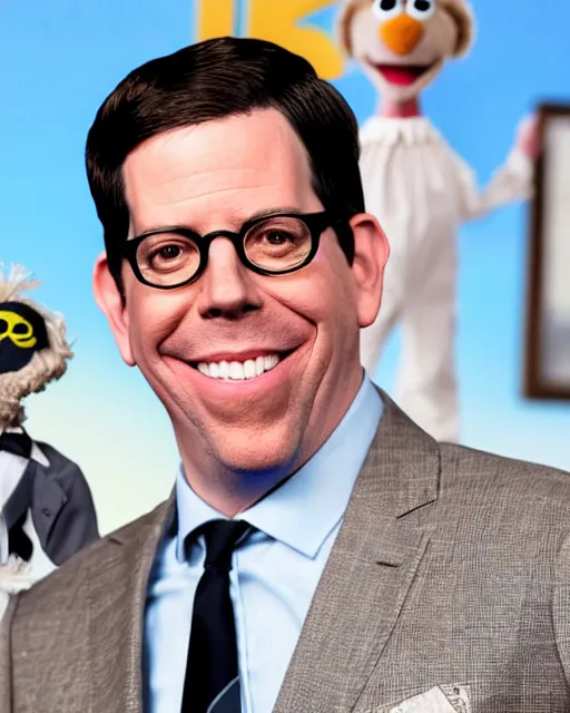 Image similar to ed helms with a suit as a muppet. highly detailed felt. hyper real photo. 4 k.