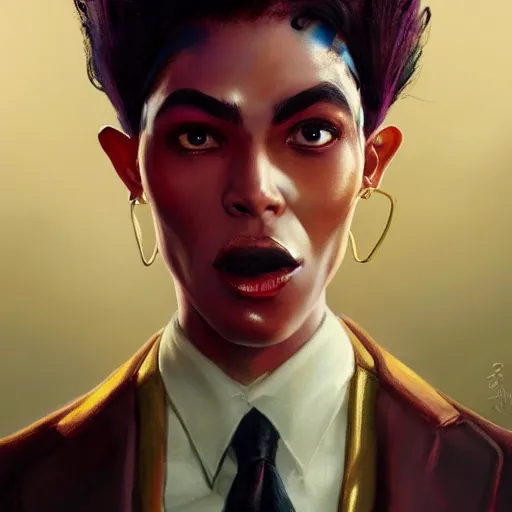 Image similar to portrait of a beautiful nonbinary actor with dark skin and messy short red hair wearing a men's suit, elf ears and gold eyes, by Gerald Brom and Ross Tran, dramatic lighting, 4K, trending on artstation