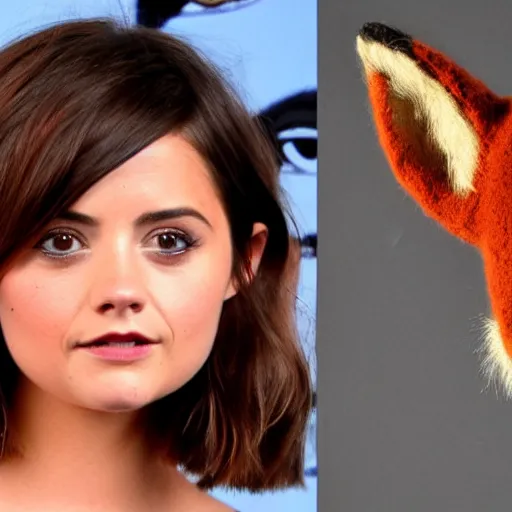 Image similar to jenna coleman transformed into humanoid fox, fox ears, fox face, fox features