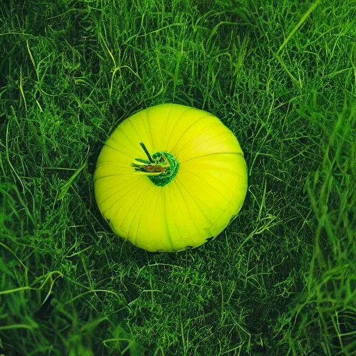 Image similar to completely yellow mellon on a lush green medow. portrait, 3 5 mm