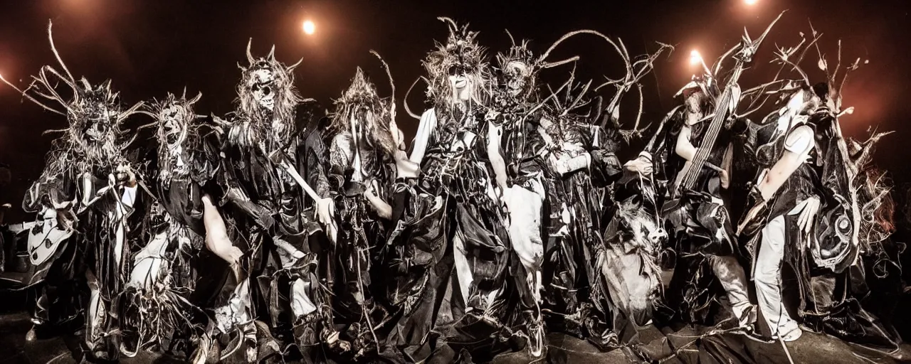 Prompt: award-winning photography of a rock black metal group with costumes inspired by insects, playing music in a concert