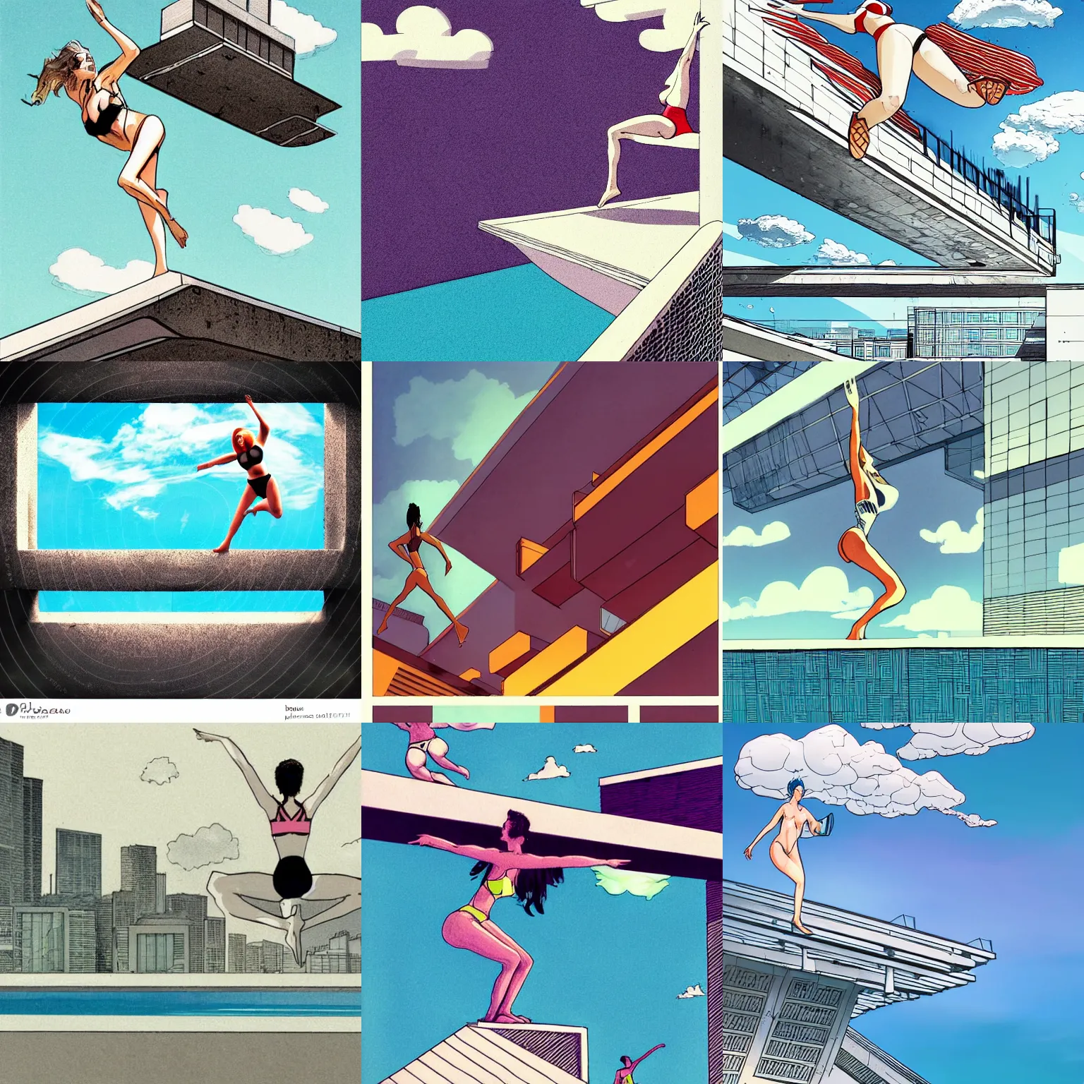 Prompt: urban brutalist flying white architecture with beautiful clouds, digital illustration, bright color palette, style by moebius, beautiful woman in bikini jumping into cantilevered pool