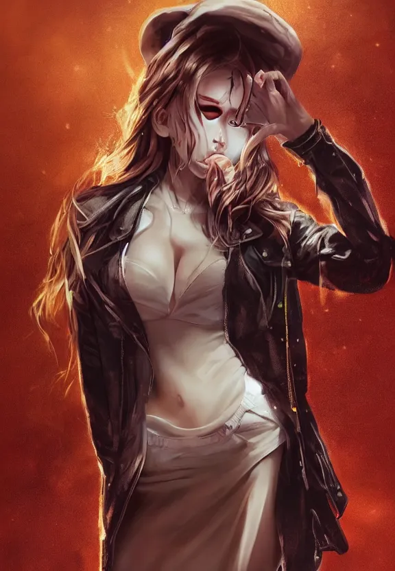 Image similar to full body illustrationf of girl with eyes that burn like cigarettes wearing a short skirt and a long jacket with fingernails that shine like justice, dramatic lighting, photorealistic, full body portrait, detailed anatomy, extreme detail, 4 k, colorful, artgerm and ben lo, octane render, detailed face, f / 2. 8