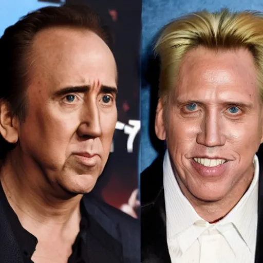 Prompt: nicholas cage and gary busey as conjoined twins