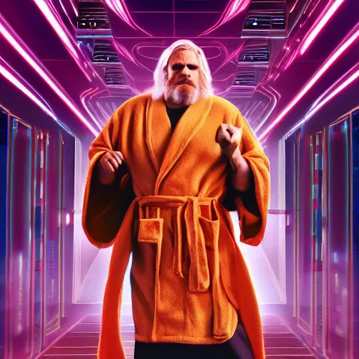 Image similar to dude lebowski dressed in bathrobe played by jeff bridges, stuck in tron realm, photorealistic movie still, detailed 8 k, poster style, high resolution