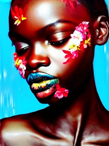 Image similar to portrait of duckie thot with a floral background : : painted by artgerm, karol bak, artur bordalo, sandra chevrier : : portrait, character, illustration, hyperrealism, photorealism