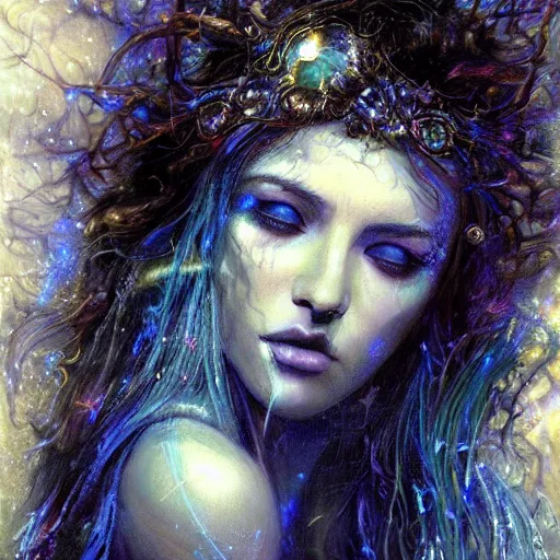 Prompt: masterpiece goddess of sorrow, realistic portrait, 3 0 years woman, melancholic face, long hair, digital painting by louis royo and julie bell, dark tenebrous blue background, cinematic light, aura effect, some chaotic sparkles, wind, unreal engine, artstation, deviantart, pinterest