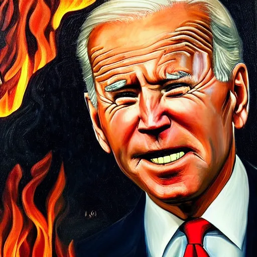 Prompt: Highly detailed close-up painting of President Joe Biden’s face, slight smirk, single tear rolling down his cheek, dark background, reflection of fire in his eyes, oil on canvas, painting by Chuck Close in the style of Hans Memling