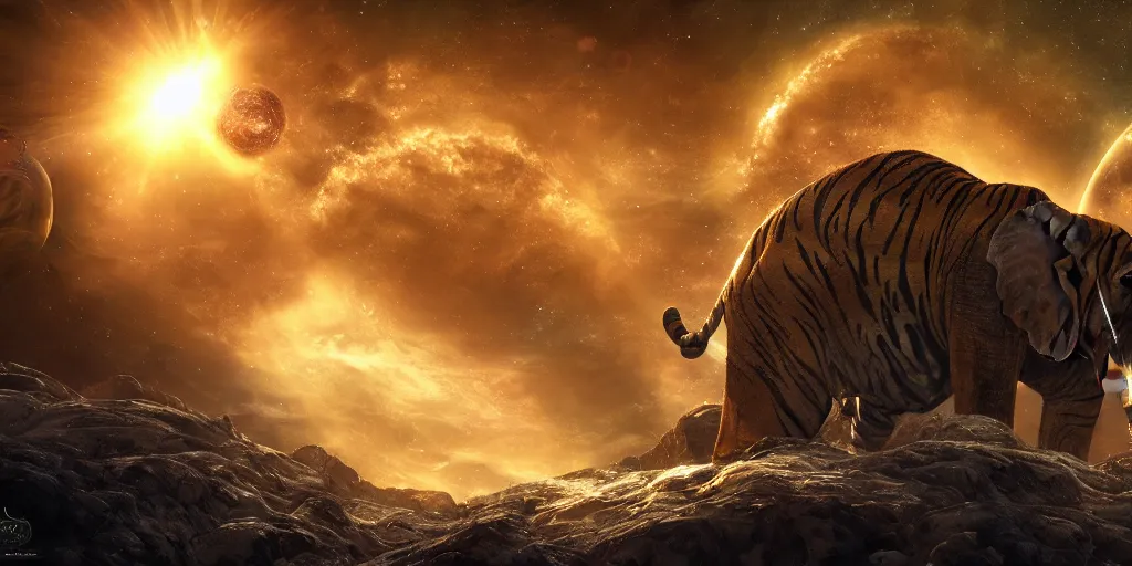 Image similar to planet - sized tiger elephant in space, next to the sun and stars, very wide shot, epic composition, hyper detailed, digital art, trending in artstation, cinematic lighting, studio quality, unreal engine 5 rendered, art style by klimt and nixeu and ian sprigger and wlop and krenz cushart