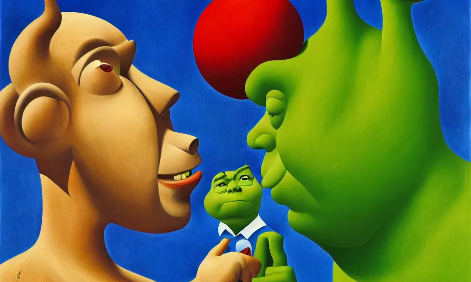 Image similar to a surrealist painting of shrek by alexandr archipenko and rene magritte and joan miro, 4 k, trending on artstation, detailed, film still