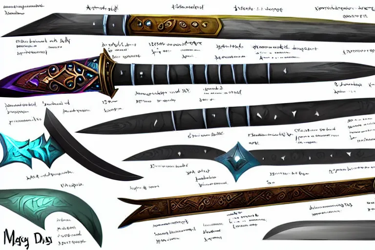 Image similar to design sheet of various magic fantasy weapons, varied colors