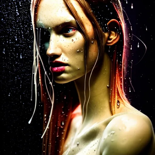 Image similar to bright asthetic portrait LSD glowing backlit rain on face and wet hair in strands, overhead lighting, fantasy, intricate, elegant, dramatic lighting, highly detailed, lifelike, photorealistic, digital painting, artstation, illustration, concept art, smooth, sharp focus, art by John Collier and Albert Aublet and Krenz Cushart and Artem Demura and Alphonse Mucha