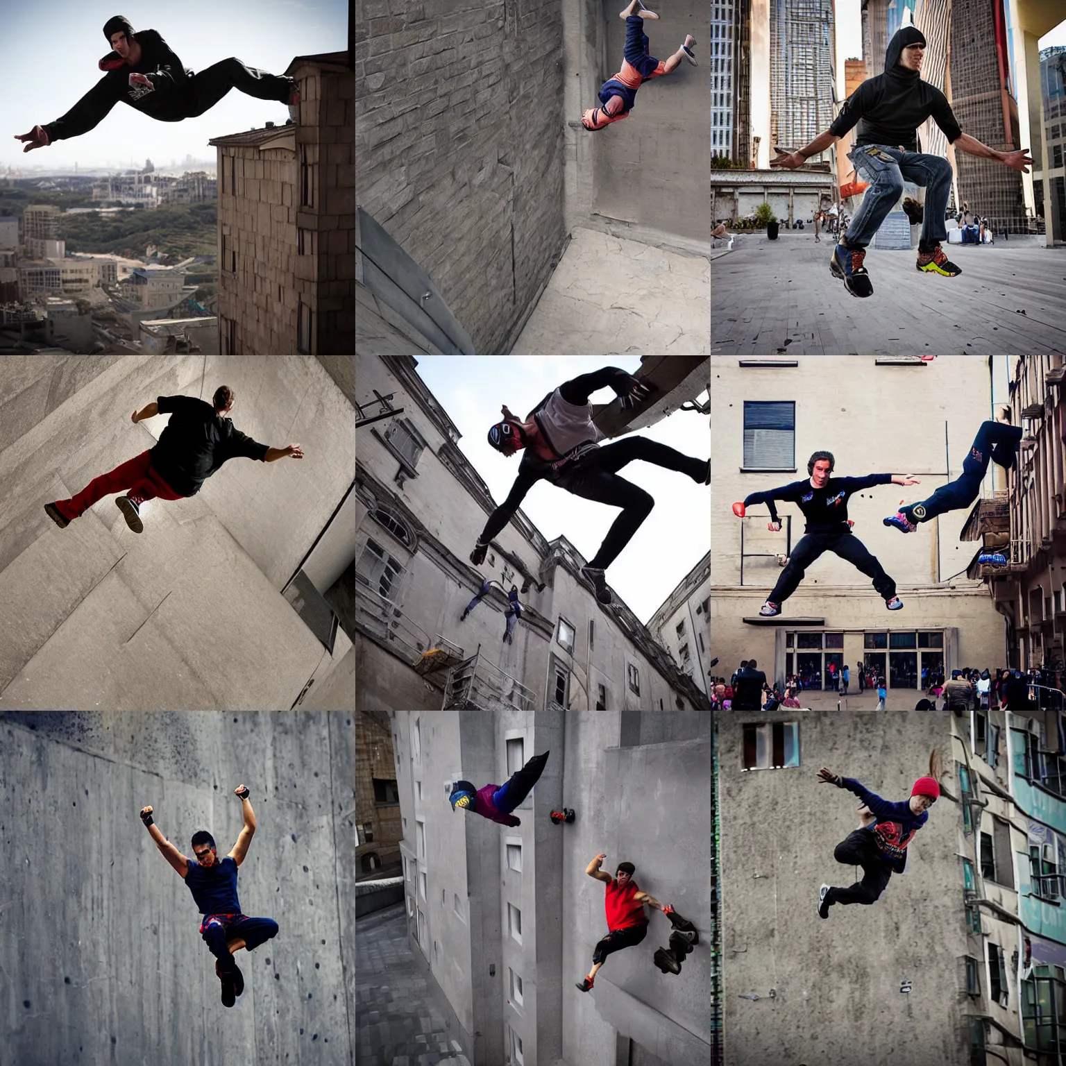 Prompt: person doing extreme parkour stunt , action, photograph Red Bull epic