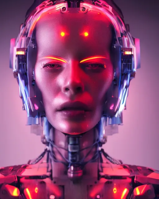 Image similar to photo of sweaty soulful female as a cyberpunk mecha humanoid robotic head and face parts with fluorescent lamps surrounding face, sweaty skin dripping down face, ultra - realistic and detailed, long exposure 8 k