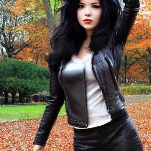 Prompt: woman with black hair and a leather jacket in a beautiful park by artgerm