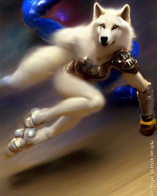 Image similar to a buff white female anthro wolf skating at a roller derby, 4 k, furaffinity, fursona, trending on artstation, energetic, speed, motion blur, by gaston bussiere, craig mullins, j. c. leyendecker, gustav klimt, artgerm, greg rutkowski, alphonse mucha