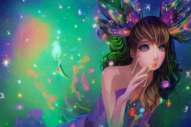 Prompt: psychedelic, whimsical, anime, 4k, beautiful seductive woman with fox ears smoking weed, with professional makeup, long trippy hair, a crystal and flower dress, sitting on a reflective pool, surrounded by gems, underneath the stars, rainbow fireflies, trending on patreon, deviantart, twitter, artstation, volumetric lighting, heavy contrast, art style of Greg Rutkowski and Miho Hirano and Ross Tran