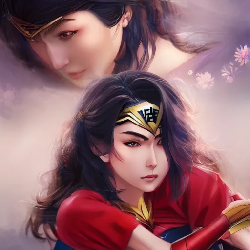 Image similar to A realistic anime wonder woman with wearing a kimono, digital painting, by WLOP and Rossdraws, digtial painting, trending on ArtStation, deviantart