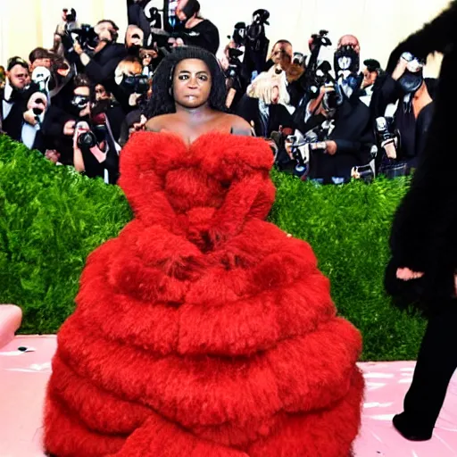 Image similar to harambe the gorilla in a ball gown at the met gala