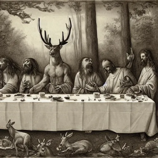 Image similar to A beautiful drawing of the Last Supper, with Jesus and his disciples replaced by various animals. The drawing is set in a forest, with a deer at the head of the table and a squirrel and rabbit to either side. by Jeremy Mann, by Mike Mignola delicate