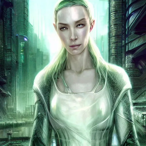 Prompt: cyberpunk galadriel, ethereal, wide shot, Lord of the Rings, Neuromancer, science fantasy, portrait, cityscape background, highly detailed, digital painting, artstation, concept art, sharp focus, illustration, art by artgerm and greg rutkowski and magali villeneuve, white and green color scheme