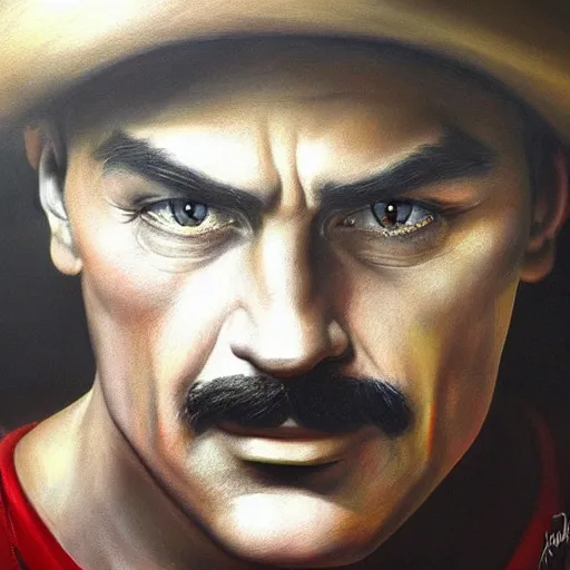 Image similar to An ultra realistic portrait painting of Mario in the style of Frank Frazetta, 4k, Ultrarealistic, Highly Detailed, Dark Fantasy, Epic Lighting