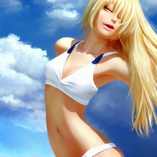 Image similar to full body shot : a very beautiful young blond circus anime girl, sky blue eyes, bikini, white miniskirt, highly detailed, cinematic wallpaper by stanley artgerm lau