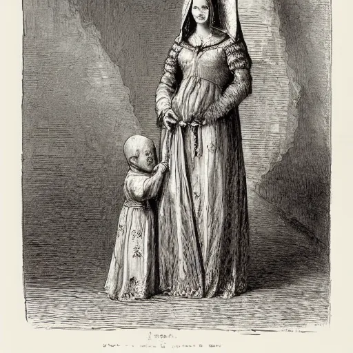 Prompt: a mother with a baby dressed as a knight in the style of gustave dore