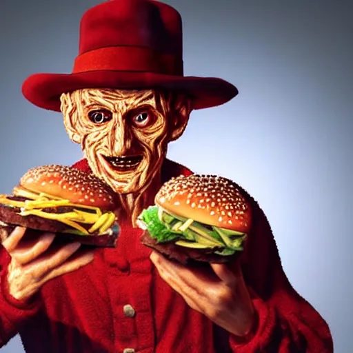 Image similar to A still of Freddy Krueger eating a burger, 4k, photograph, ultra realistic, highly detailed, studio lighting