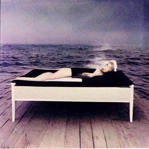 Image similar to grainy Polaroid film photograph of an empty bed with silk sheets floating in the middle of the ocean. super resolution. surreal. Extremely detailed. Polaroid 600 film. by Annie Leibovitz and Richard Avedon