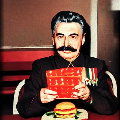 Image similar to joseph stalin enjoying a happy meal at mcdonald's