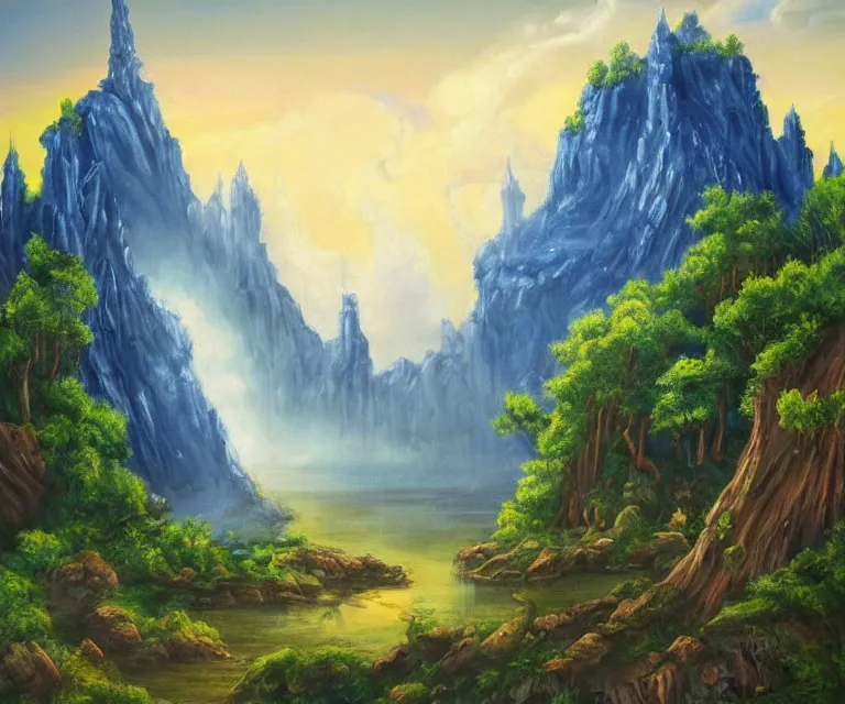 Prompt: medieval fantasy artwork. woodland with cliffs in the background. on top of the cliffs is a radiant castle made of pure blue light!!! oil on canvas.