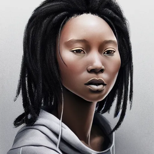 Image similar to portrait of a black asian woman - alyx vance wearing a gray hoodie, sci - fi, intricate, elegant, highly detailed, digital painting, artstation, concept art, smooth, sharp focus, illustration, by bartek fedyczak, erak note, tooth wu, neil richards, kan liu, siwoo kim, jisu choe