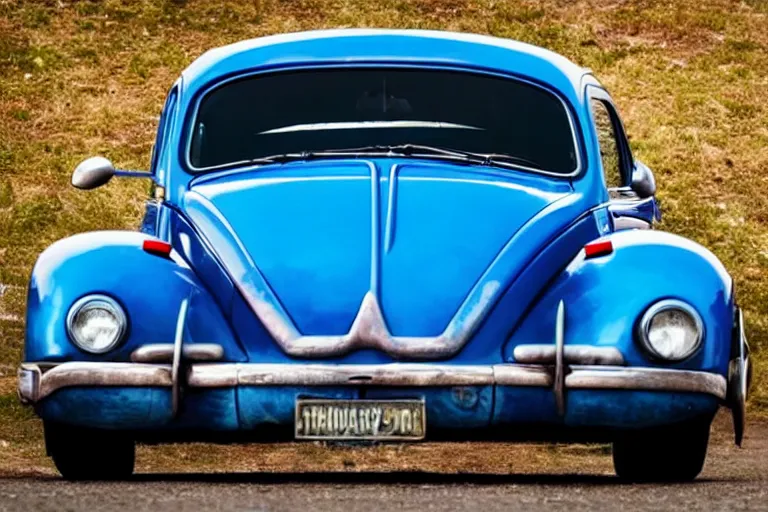 Image similar to a blue beetle car with burgers for wheel rims