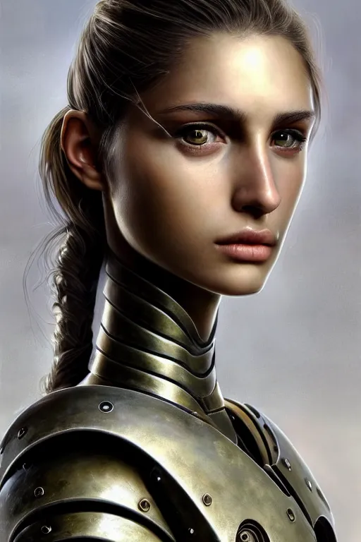 Image similar to a photorealistic painted portrait of an attractive young girl, partially clothed in dull metal-plated battle armor, olive skin, long dark hair, flawless skin, beautiful bone structure, symmetric facial features, perfect photorealistic eyes, natural physique, intricate, elegant, digital painting, concept art, finely detailed, beautifully illustrated, sharp focus, minimal artifacts, from Metal Gear, by Ruan Jia and Mandy Jurgens and Artgerm, in the style of Greg Rutkowski, trending on Artstation, award winning art