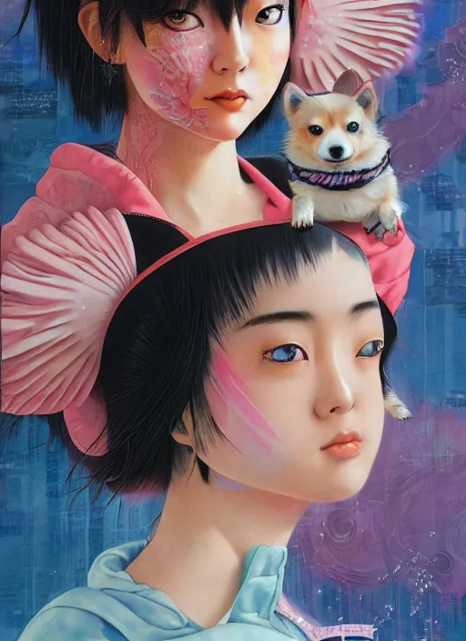 Prompt: beautiful portrait painting of an attractive young japanese lofi cyberpunk princess and her corgi, by Afarin Sajedi, Alessandro Barbucci, Alex Gross, Shin Jeongho, Shohei Otomo. trending on Artstation, 8k, masterpiece, face enhance, graffiti paint, fine detail, full of color, intricate detail, golden ratio illustration