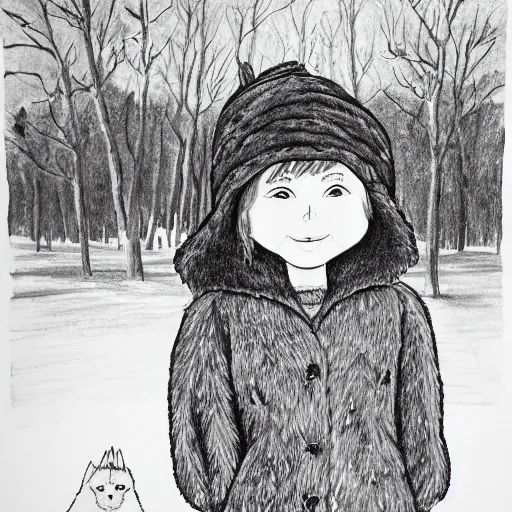 Prompt: a black and white ink drawing of a freckled ten year old girl named lucy in winter fur park and and a fur hat, ( ( ( ( smiling ) ) ) ), ( ( ( ( ( ( ( ( waving hand ) ) ) ) ) ) ) )