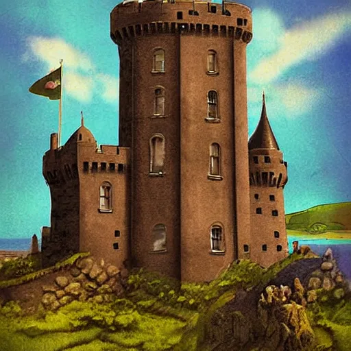 Prompt: Irish castle on an island, digital art, vintage pulp art